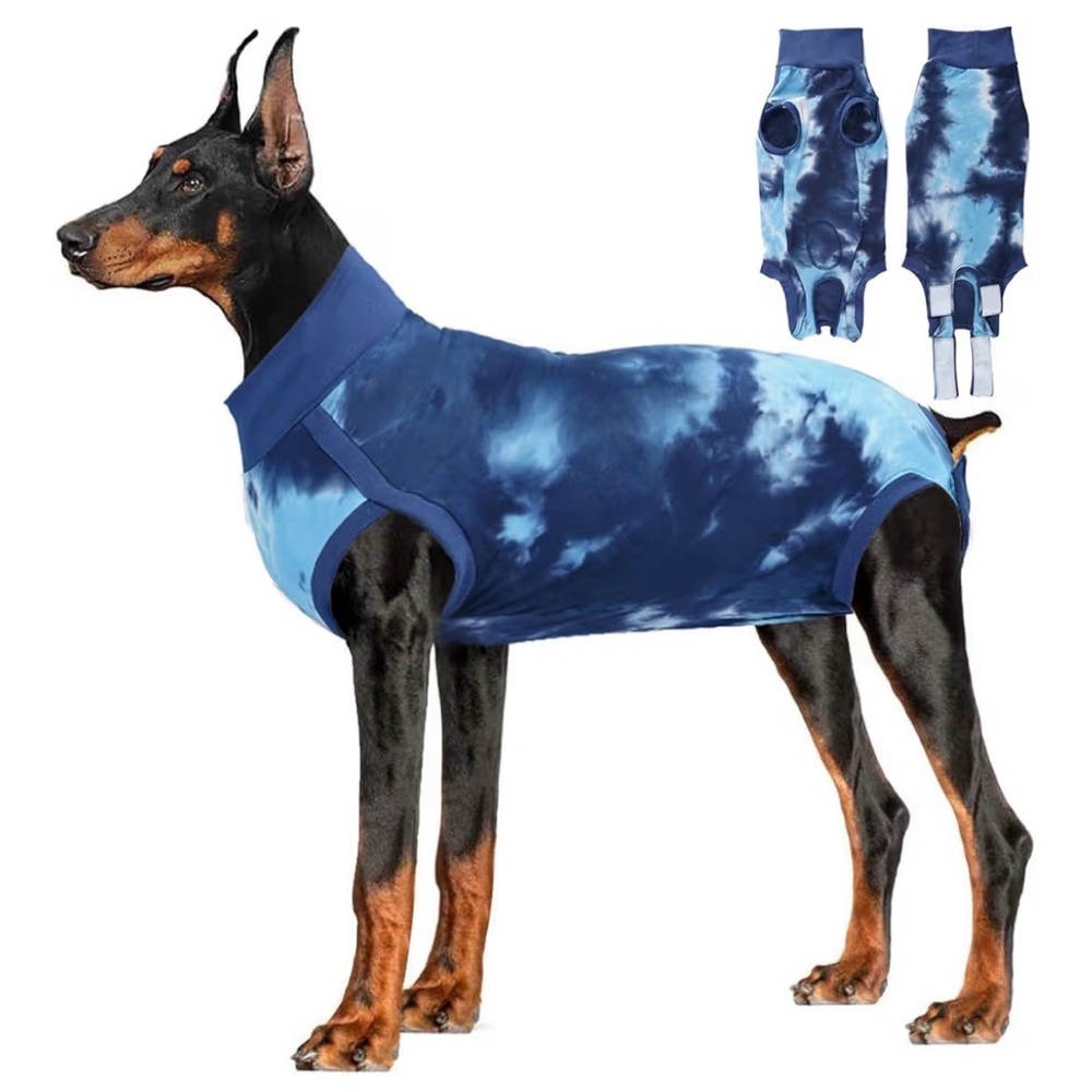 Navy Tie-Dye Dog Bodysuit for surgery recovery.